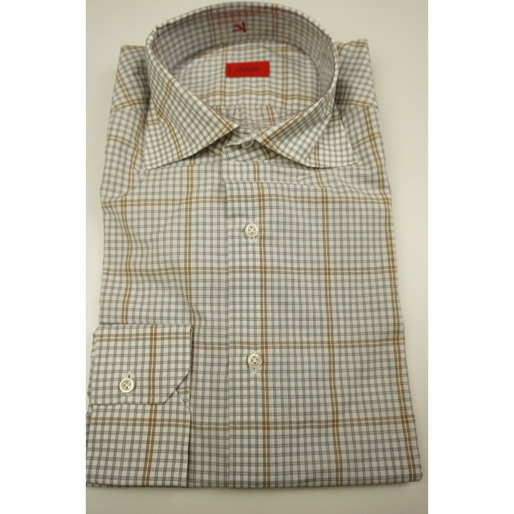 Isaia White Caramel Gray Plaid Long Sleeve Cotton Dress Shirt 15.5/39 NEW